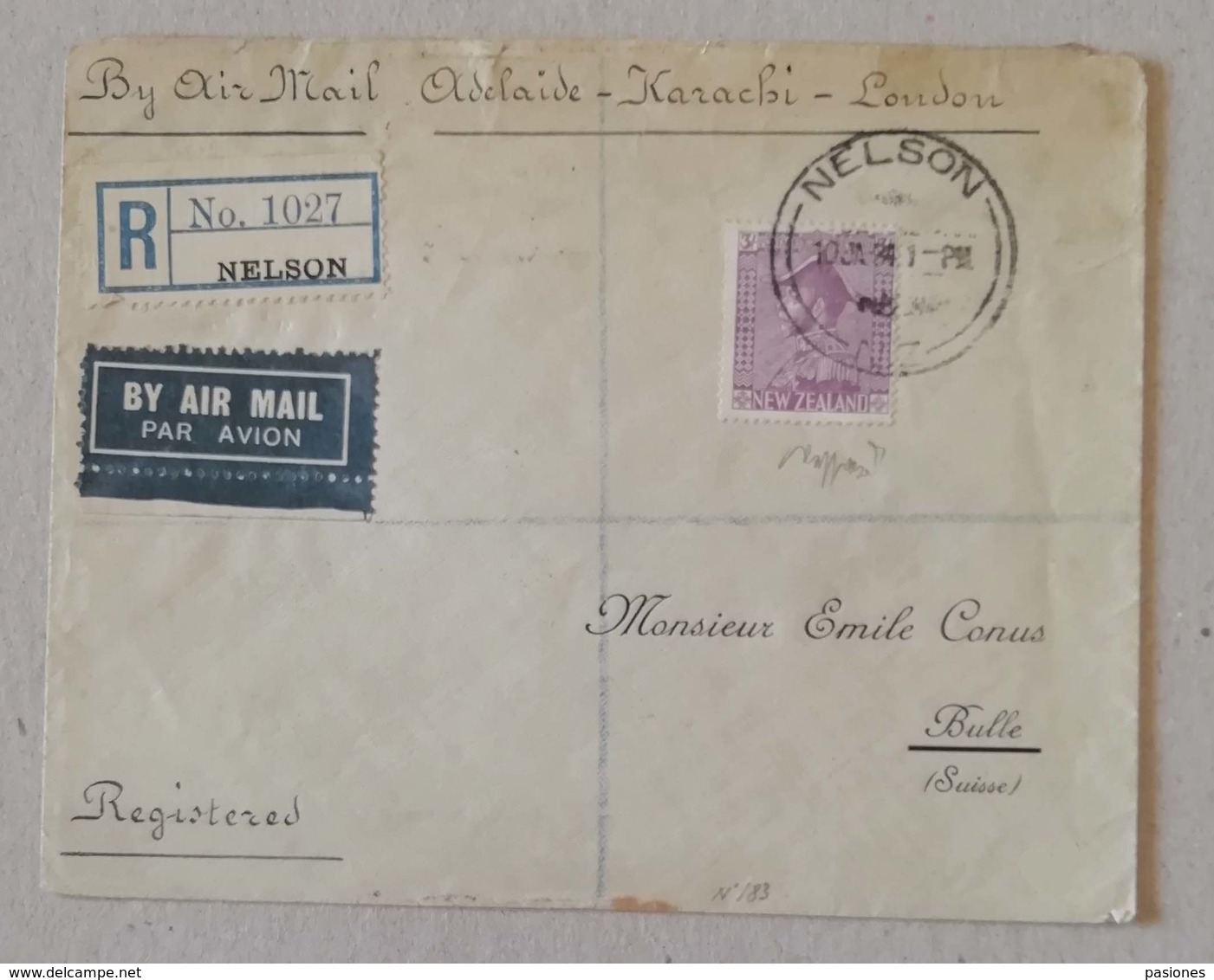 Raccomandata Nelson (New Zealand)-Bulle (CH) - 10/02/1934 By Air Mail Adelaide-Karachi-London (RR) - Storia Postale