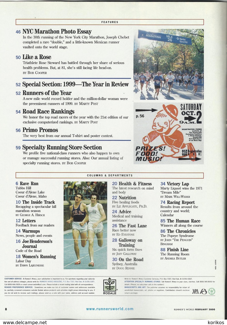 RUNNERS WORLD - RUNNER’S WORLD MAGAZINE - US EDITION – FEBRUARY 2000 – ATHLETICS - TRACK AND FIELD - 1950-Heden