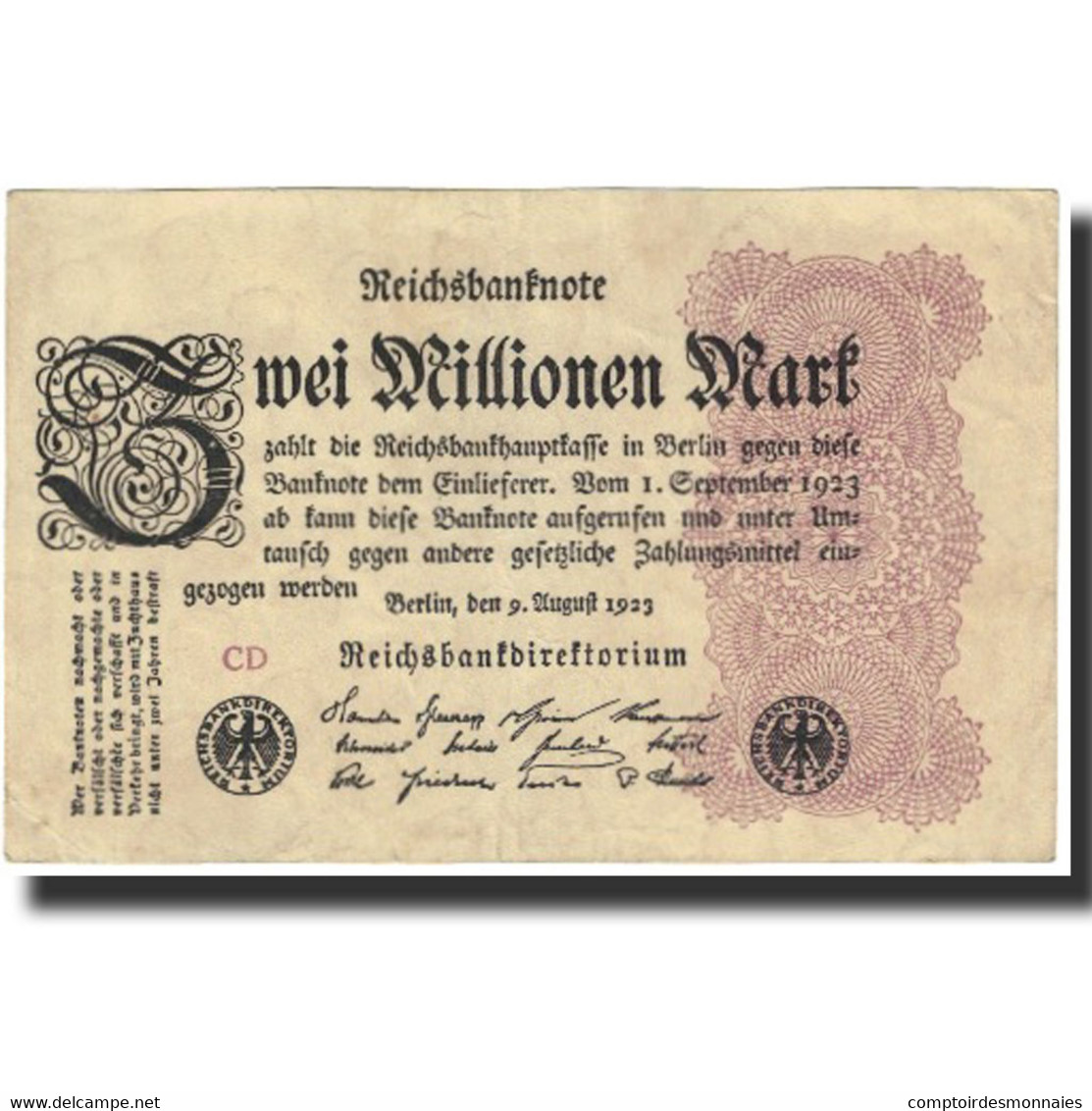 Billet, Allemagne, 2 Millionen Mark, 1923, 1923-08-09, KM:104b, SPL - 2 Miljoen Mark