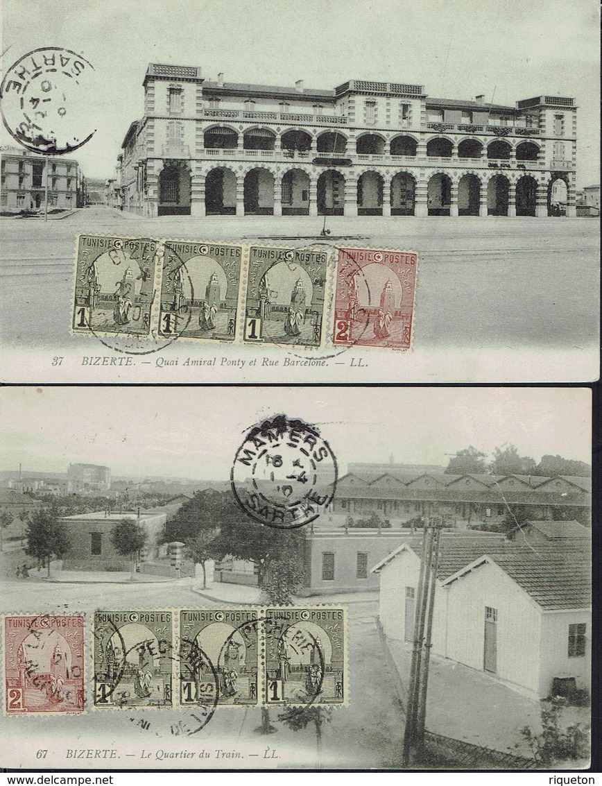 Tunisie - 1910 - Affranchissement Timbres "Mosquée De Kairouan" Sur Deux CPA De Bizerte - - Lettres & Documents