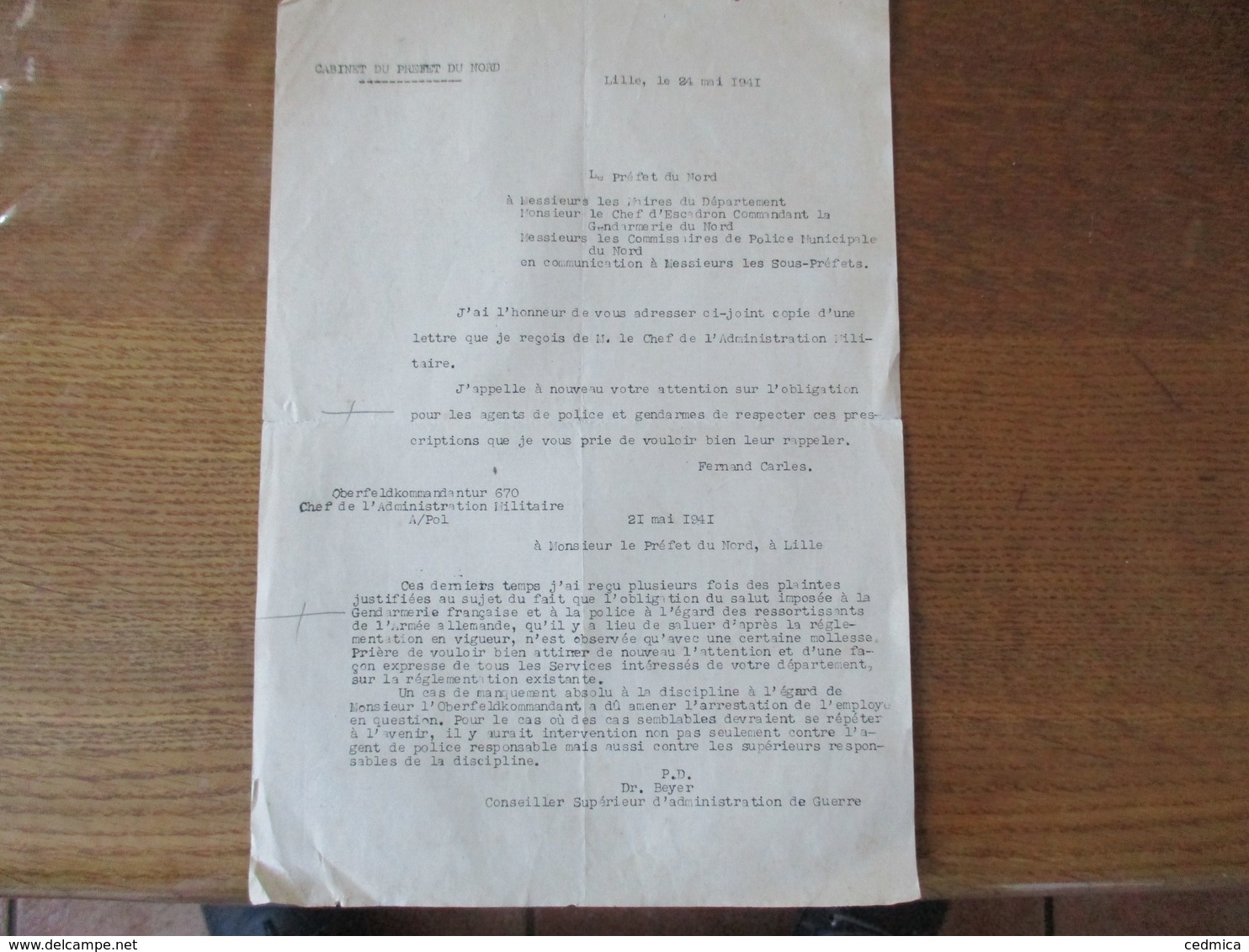 OBERFELDKOMMANDANTUR 670 LE 21 MAI 1941 LE CHEF D'ADMINISTRATION Dr. BEYER COURRIER AU PREFET DU NORD SALUT IMPOSE A LA - Historische Documenten