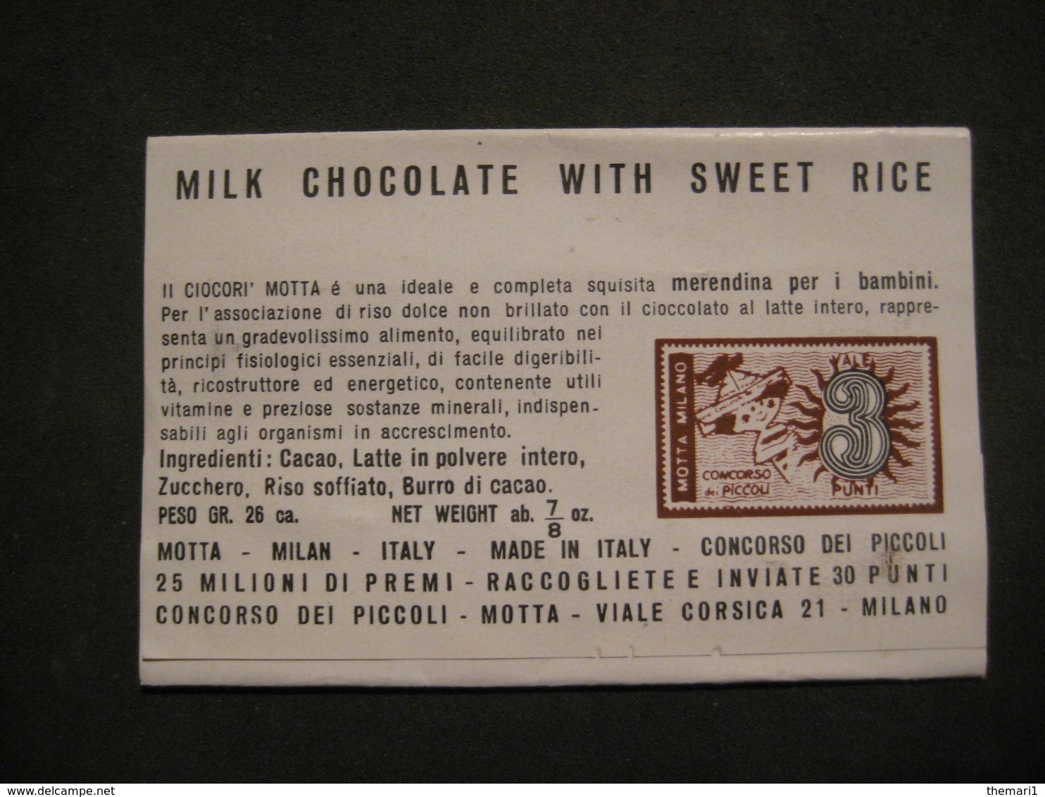 VECCHIA FASCETTA CIOCORI' MOTTA CHICOLAT CIOCCOLATO AL LATTE CON RISO DOLCE 3 PUNTI CONCORSO PICCOLI - Pubblicitari