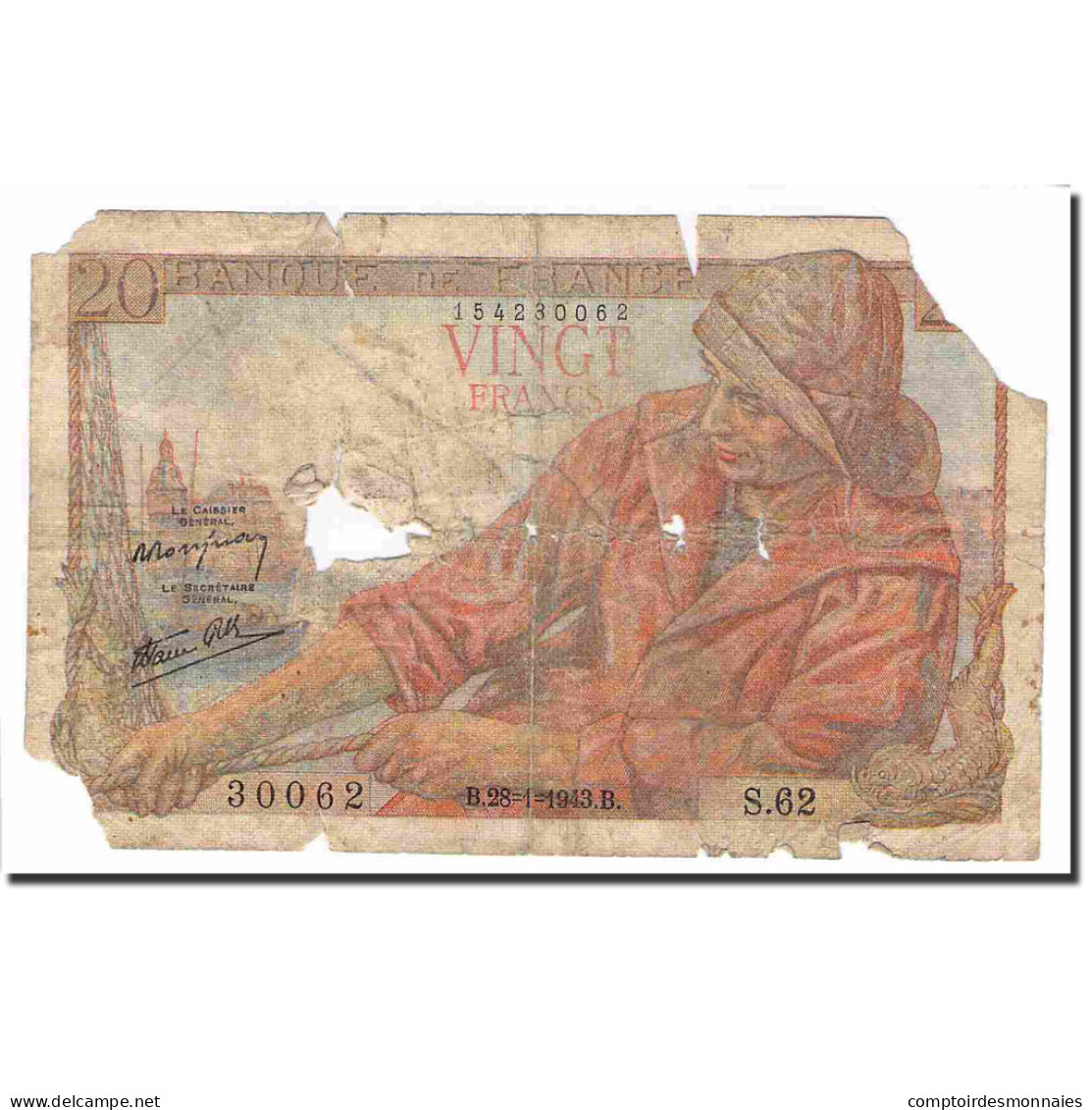 France, 20 Francs, Pêcheur, 1943, 1943-01-28, AB, Fayette:13.5, KM:100a - 20 F 1942-1950 ''Pêcheur''