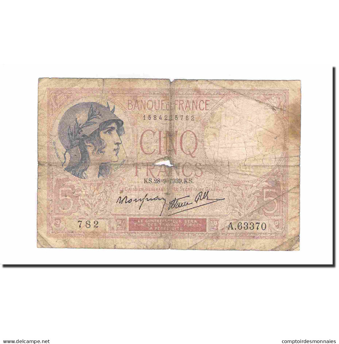 France, 5 Francs, Violet, 1939, 1939-09-28, AB, Fayette:04.10, KM:83 - 5 F 1917-1940 ''Violet''