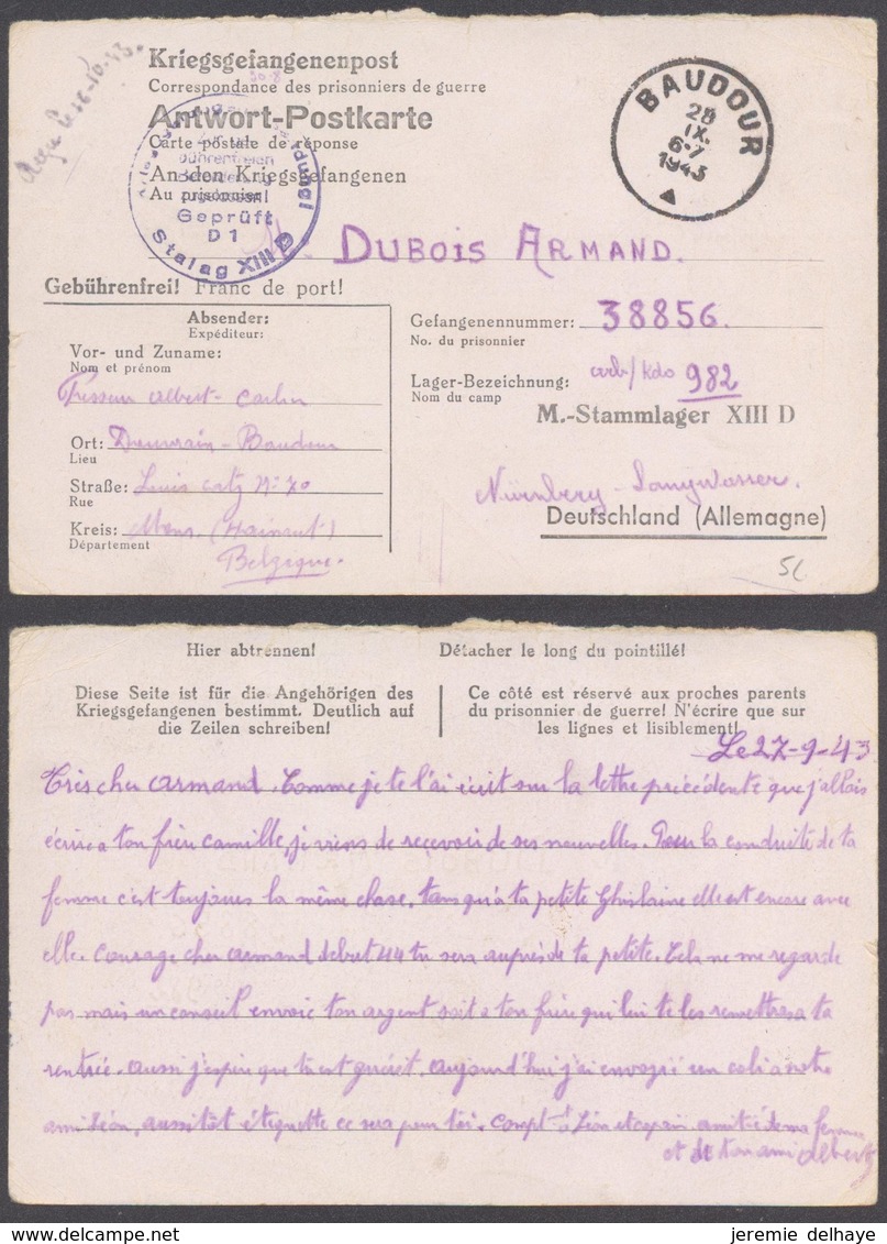 Guerre 40-45 - Carte "Kriegsgefangenenpost" Du Stalag XIII D Vers Baudour (1943) / Belle Censure D1 - Oorlog 40-45 (Brieven En Documenten)