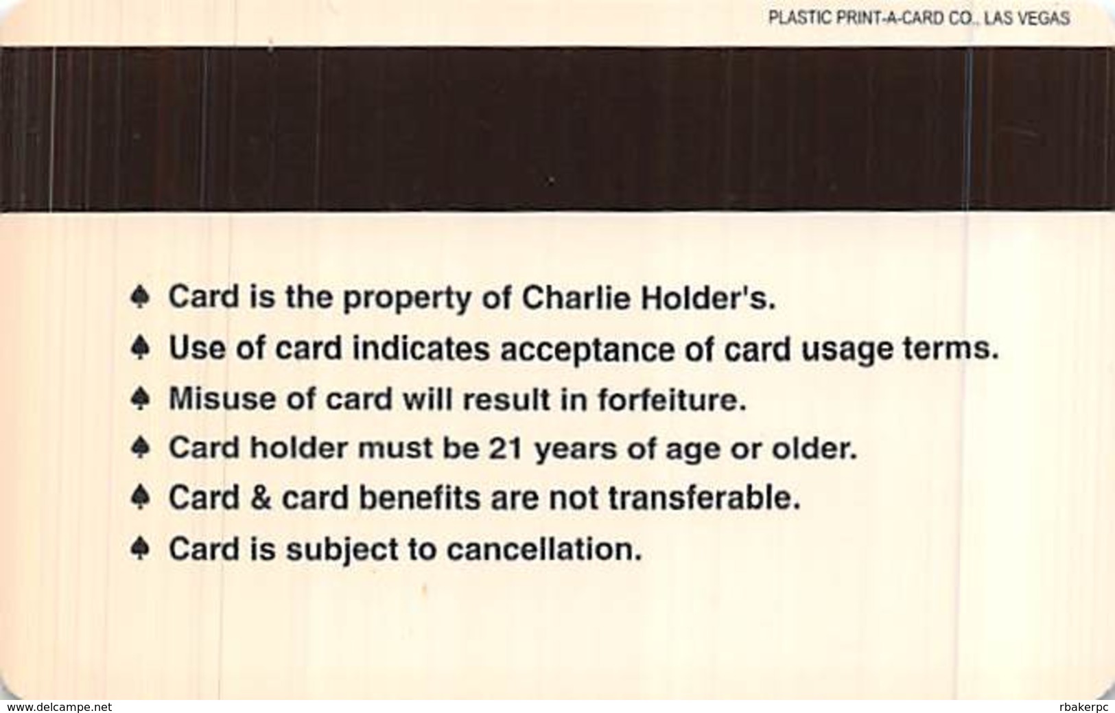 Charlie Holder's Casino Henderson NV - BLANK Slot Card - Casino Cards