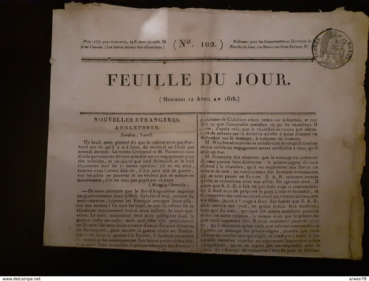 Journal La Feuille Du Jour Du Mercredi 12 Avril 1815 Napoleon 1er - 1800 - 1849