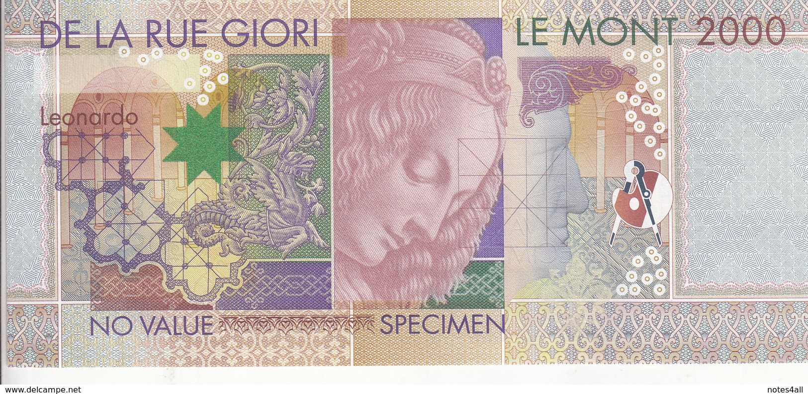 SPECIMEN TDLR TEST NOTE DE LA RUE KBA GIORI LEONARDO DA VINCI (Without SERIAL Number ) UNC - Specimen