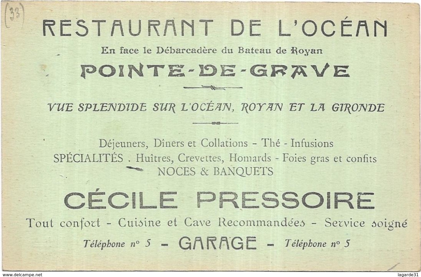 Pointe De Grave Restaurant De L'ocean Environs Soulac Sur Mer Carte Pub - Autres & Non Classés