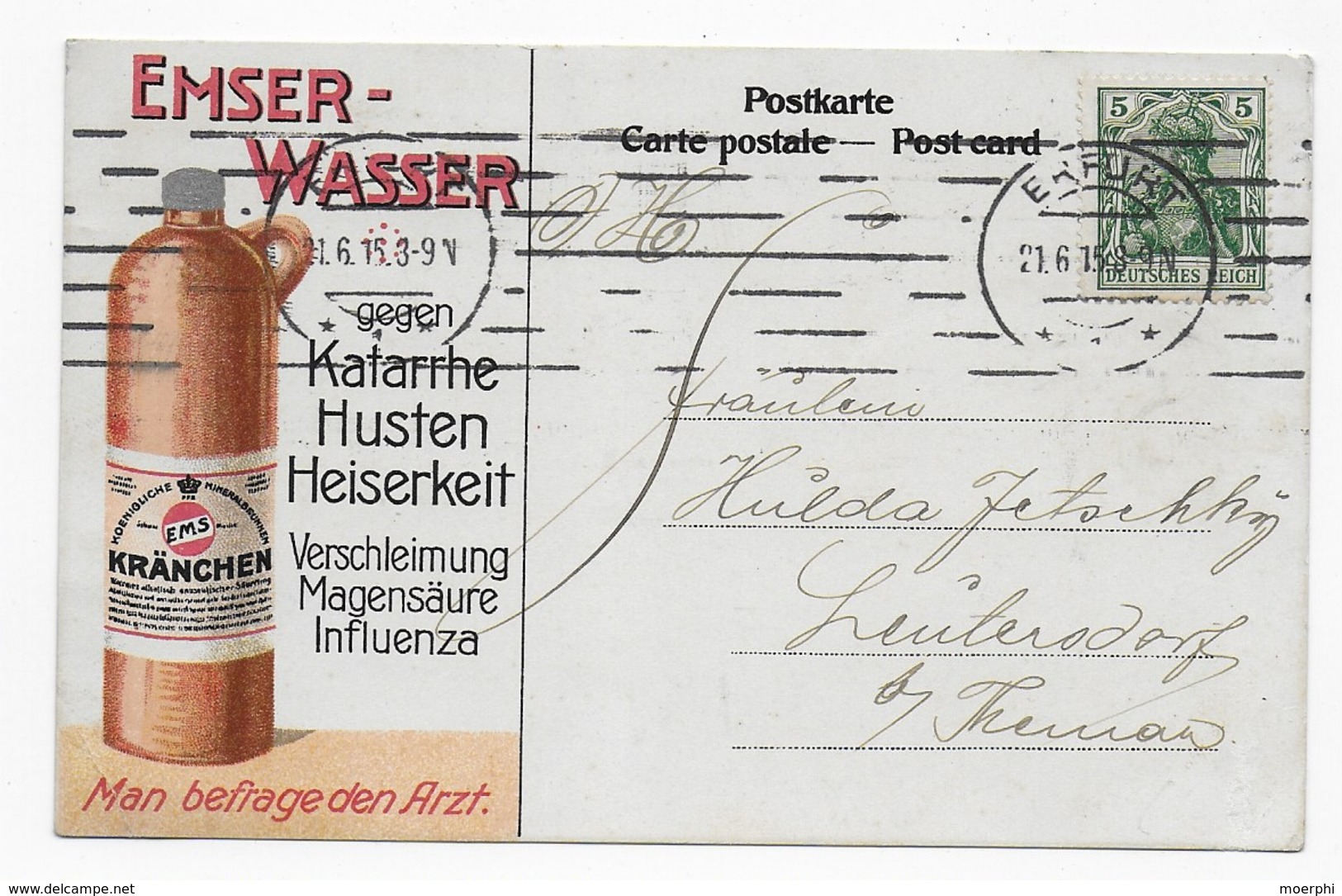 Deutsches Reich 1915 -Werbe-Postkarte Emser-Wasser - Katarrhe - Husten - Heiserkeit - Magensäure - Influenza - Gesundheit