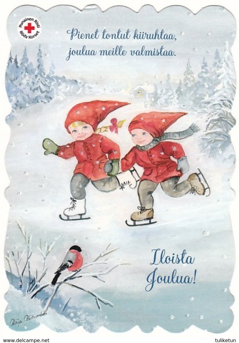 Postal Stationery - Bird - Bullfinch In Winter Landscape - Children Skating - Red Cross - Suomi Finland - Postage Paid - Postal Stationery