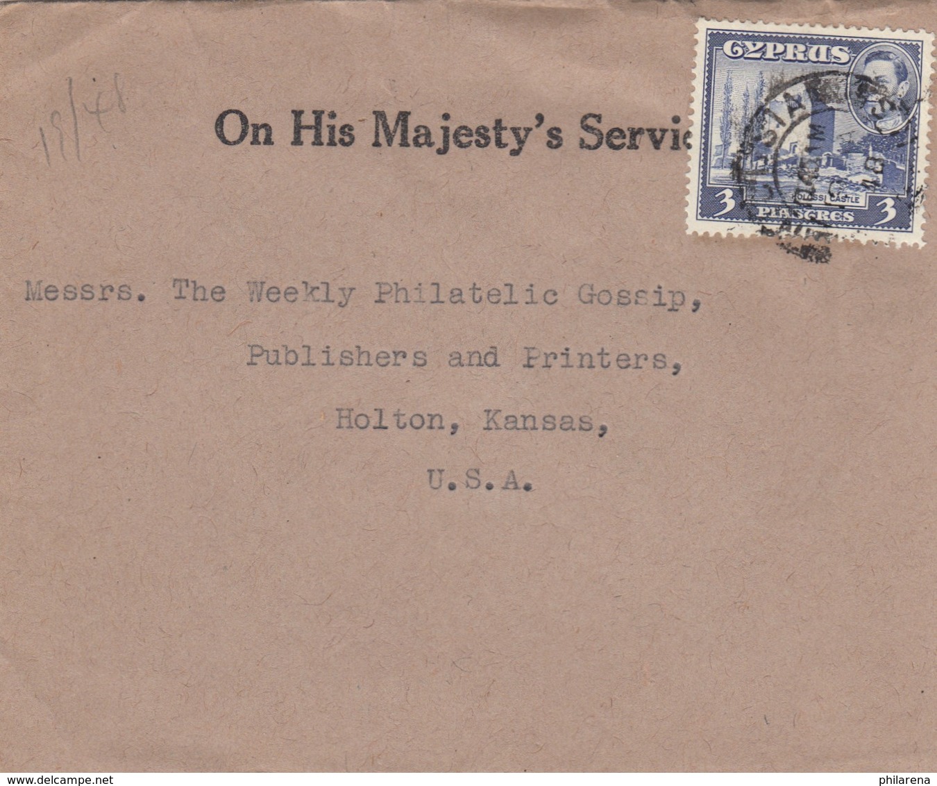 Cyprus: 1948: On His Majesty's Service To Holton/Kansas/USA - Sonstige & Ohne Zuordnung