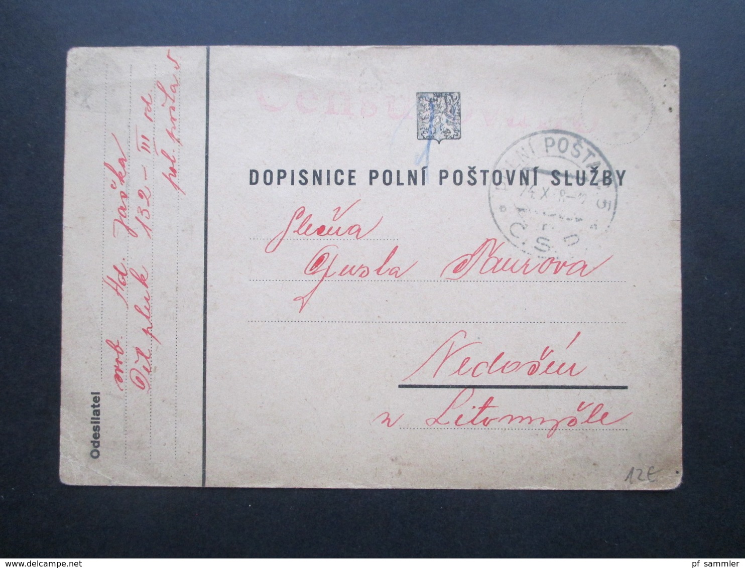 CSR 1938 Feldpostkarte / Roter Stempel Censurovano Und Polni Posta C.S.P. Zensurpost Tschechoslowakei - Briefe U. Dokumente