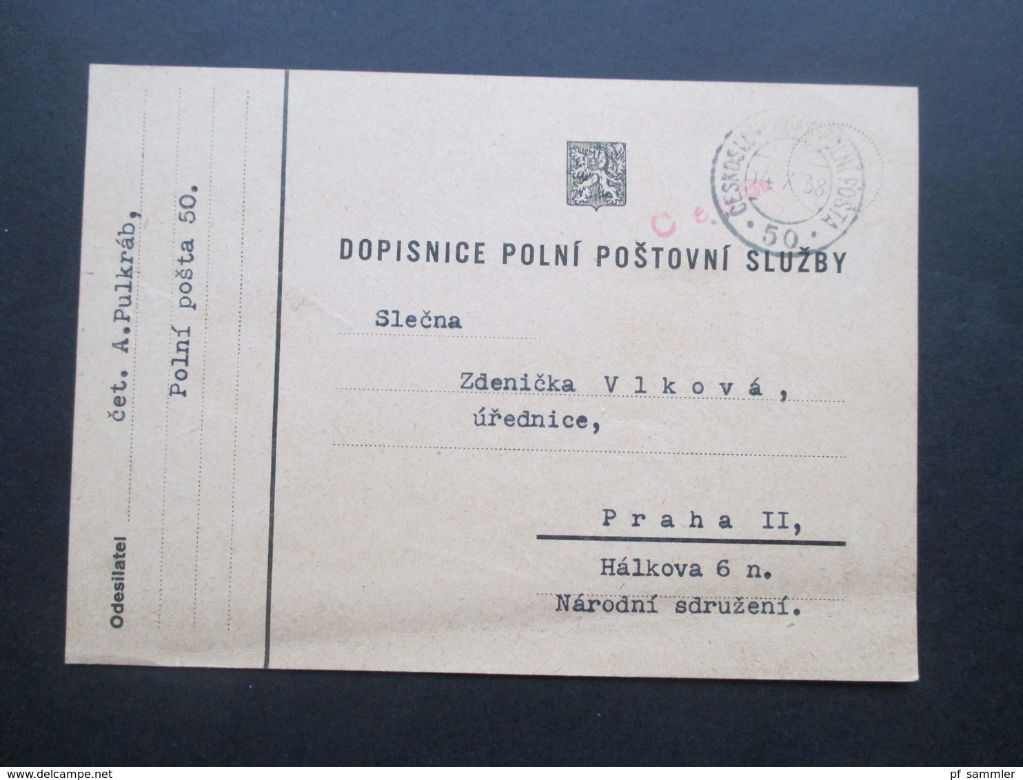 DR / Sudetenland 14.X.1938 ?? PK Mit Rotem Stempel Censura Und Ceskoslovenska Polni Posta 50 Nach Praha II - Cartas & Documentos