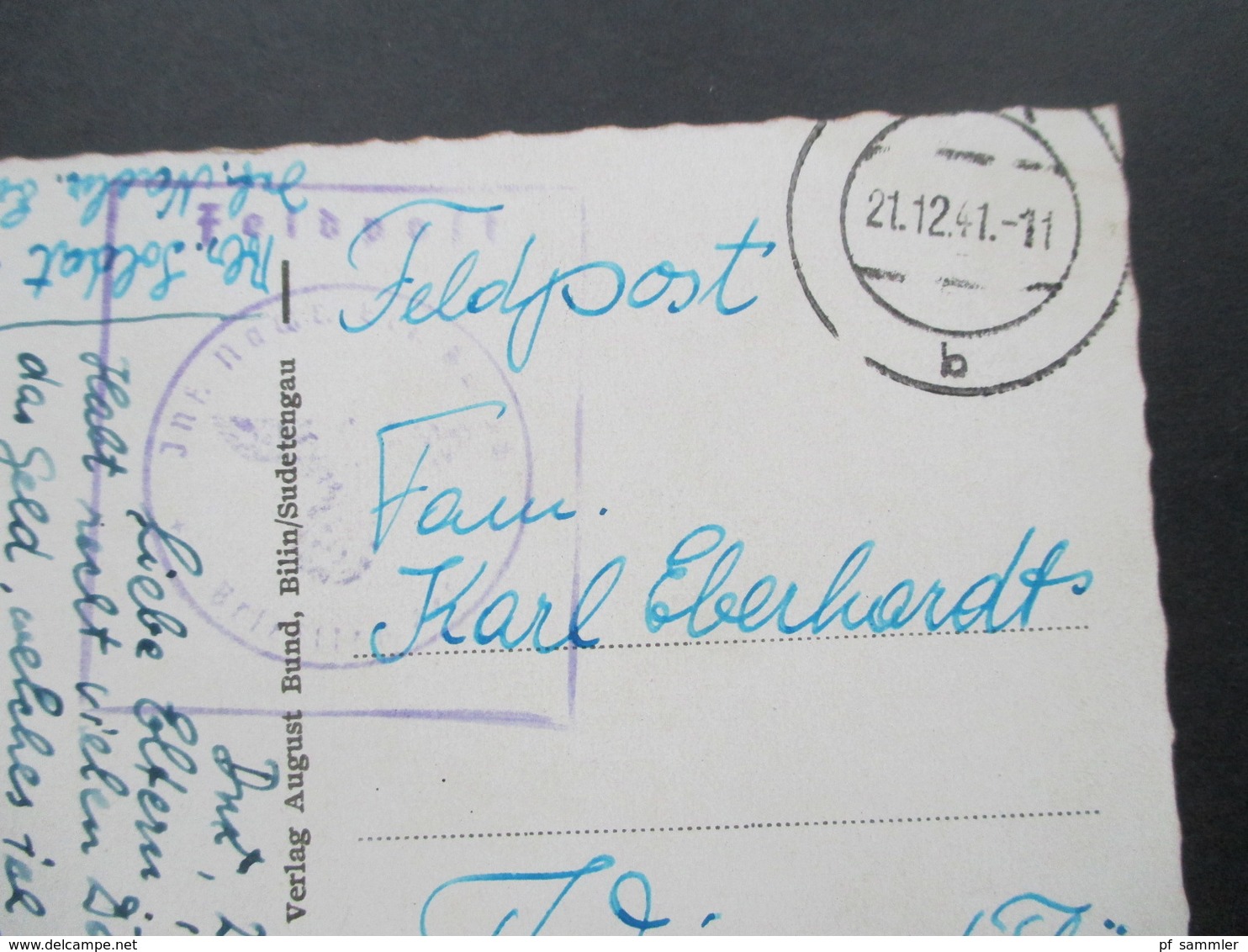 DR / Sudetenland Feldpost 2. WK 1941 AK Bilin Im Sudetengau Stempel Dux  Abs: Soldat Ers. Kp. 56 Sudetengau - Sudetenland