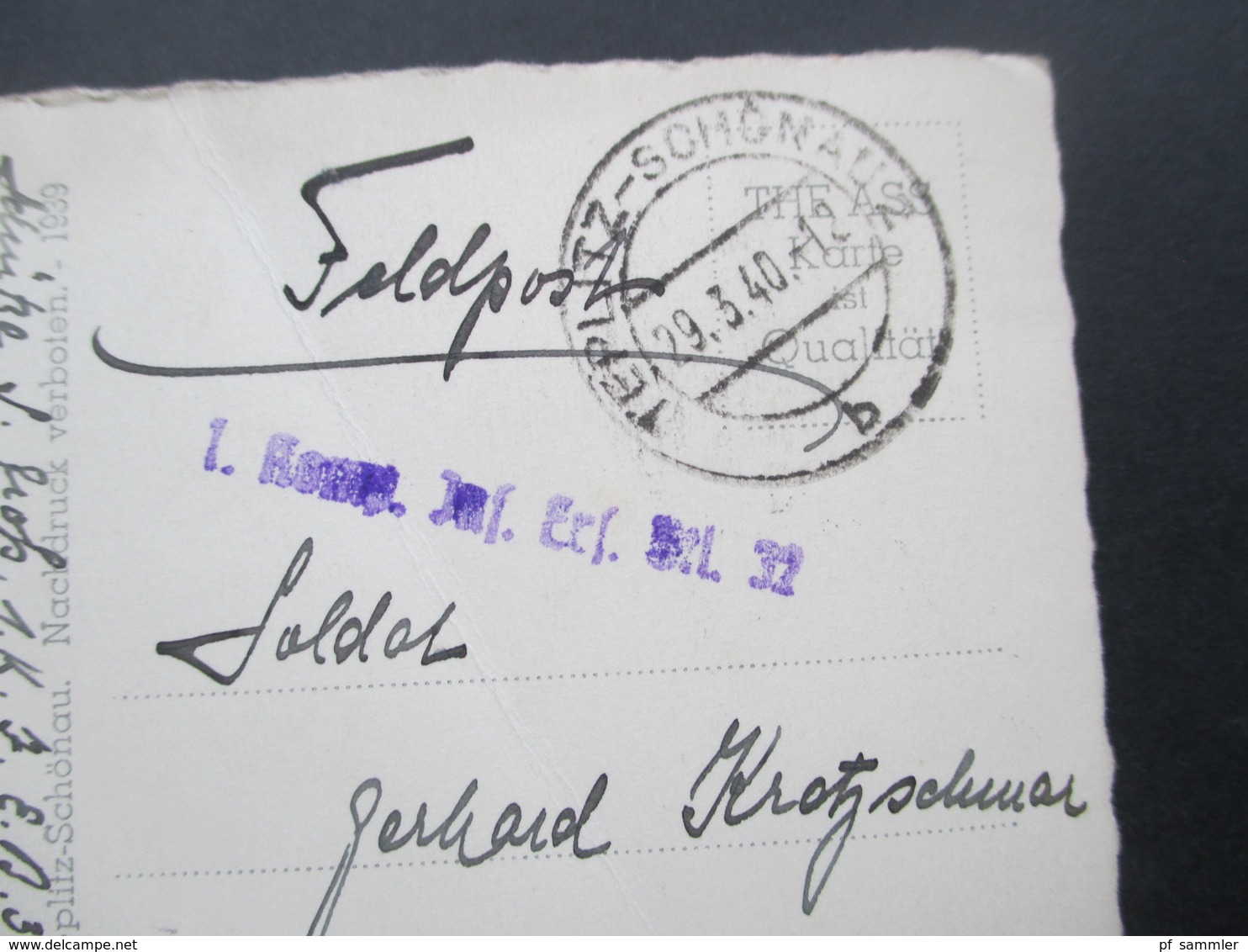 DR / Sudetenland Feldpost 2. WK 1940 AK Bad Teplitz Schönau Truppenstempel L1 1. Komp. Inf.Ers. Btl. 32 Schütze / Kasern - Sudetes