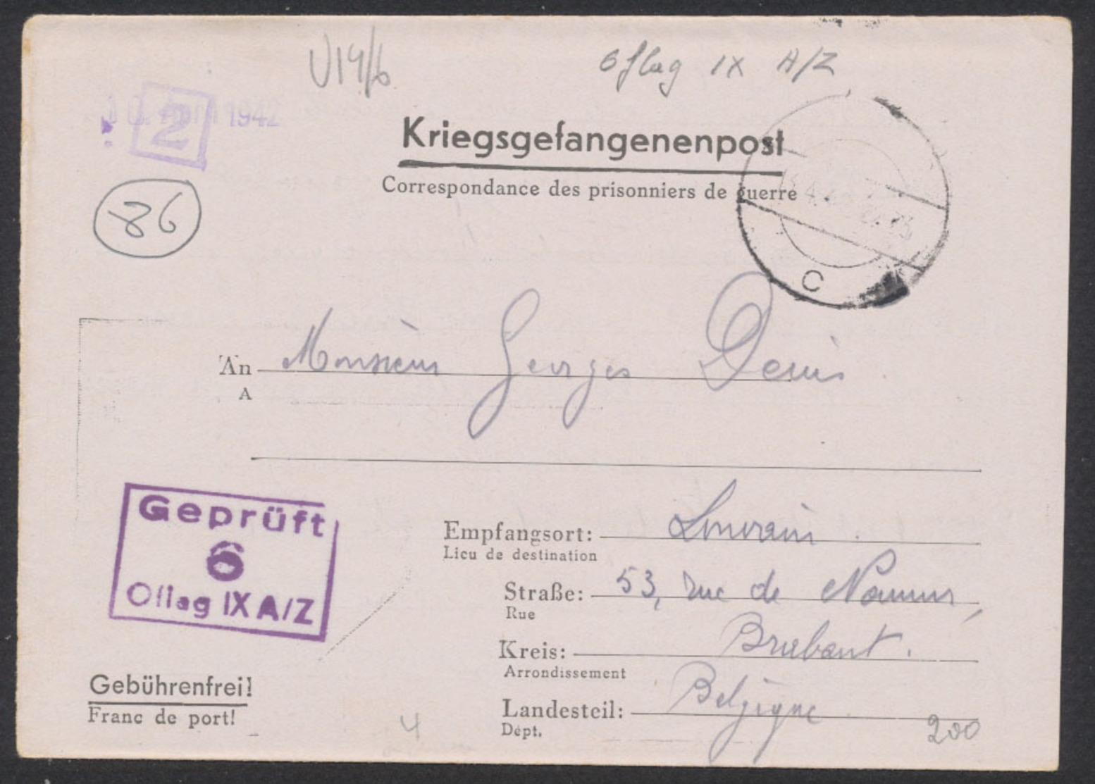 Guerre 40-45 - Lettre "Kriegsgefangenenpost" Expédié Du Oflag IX A Vers Louvain - WW II (Covers & Documents)