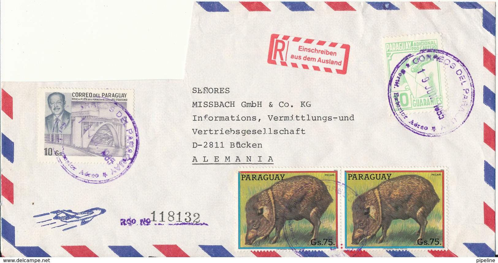 Paraguay Registered Air Mail Cover Sent To Germany 19-6-1985 Topic Stamps (sender Address Is Cut Of The Covers Left Corn - Paraguay