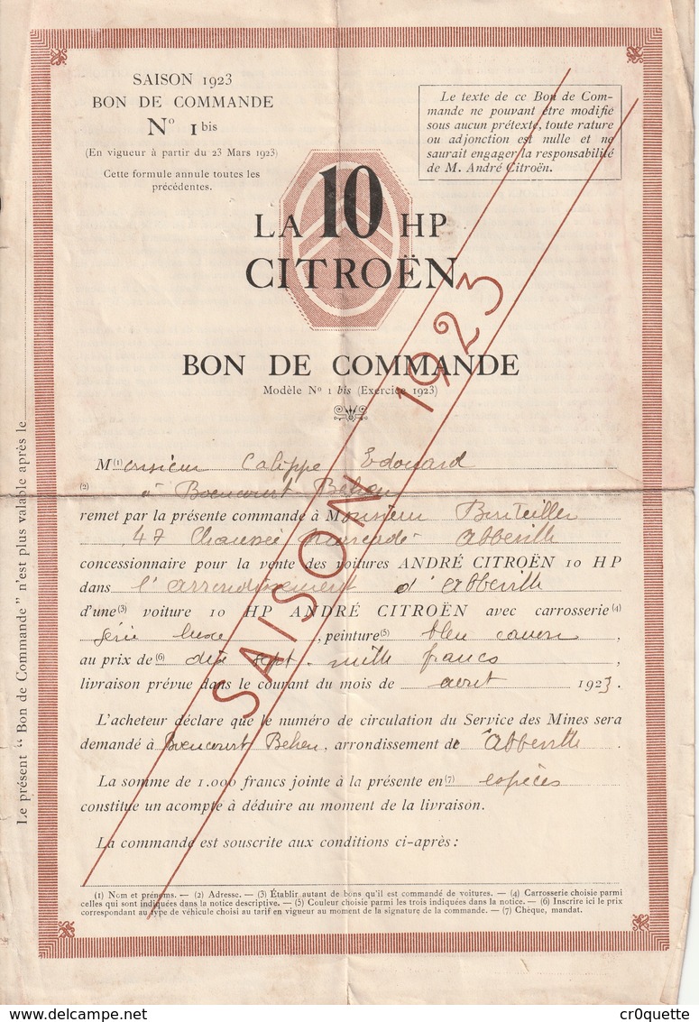BON DE COMMANDE LA 10 HP CITROËN En 1923 - 1900 – 1949