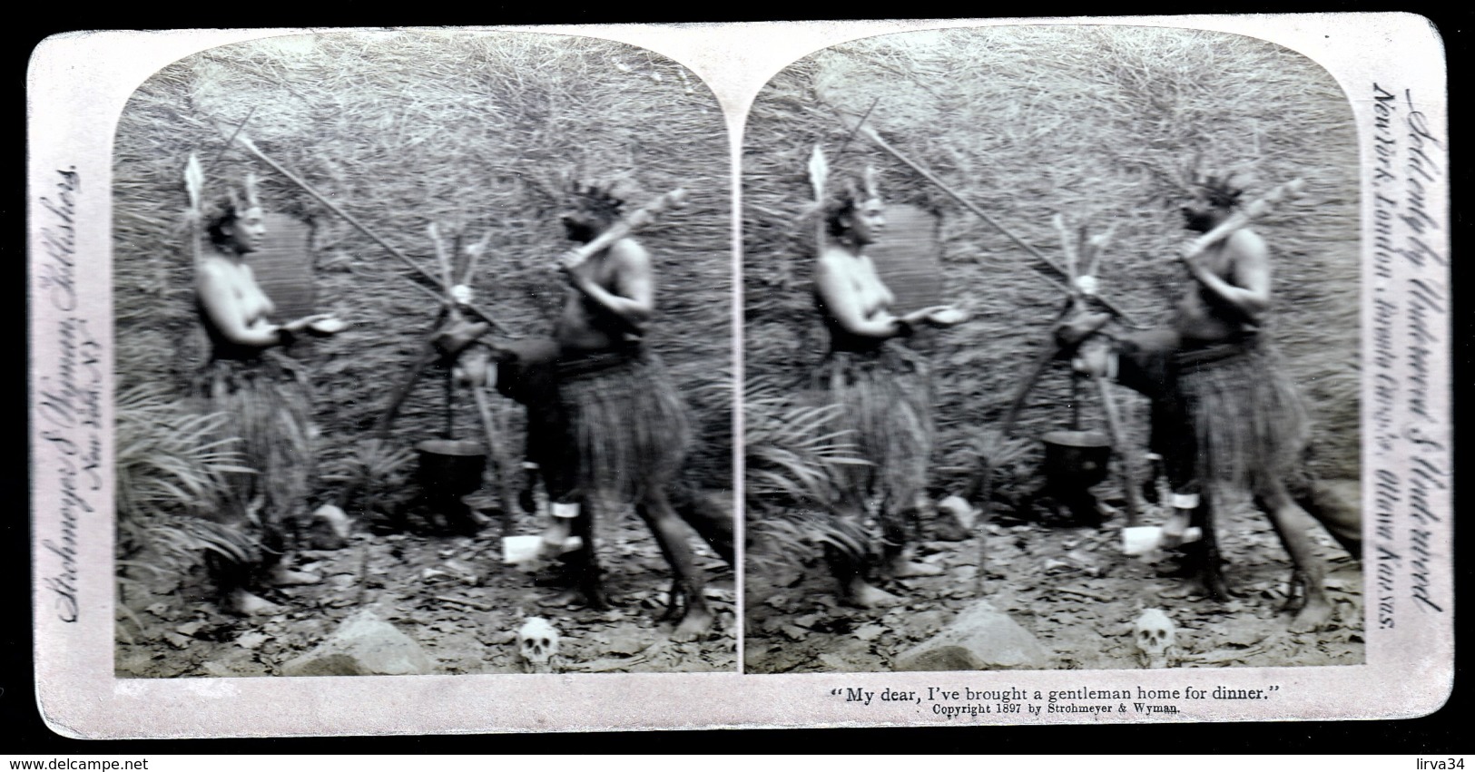 RARE  PHOTO VÉRITABLE STEREOSCOPIQUE EN 1897- HUMOUR- CHEZ LES PYGMÉS- UN AMI POUR LE DINER... GROS PLAN - Cartes Stéréoscopiques