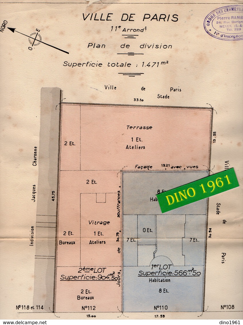 VP 16.829 - Ville De PARIS - Plan 26 X 43 De L'Immeuble Avenue Philippe Auguste - Géomètre Mr Pierre RAMBERT à MEAUX - Architectuur