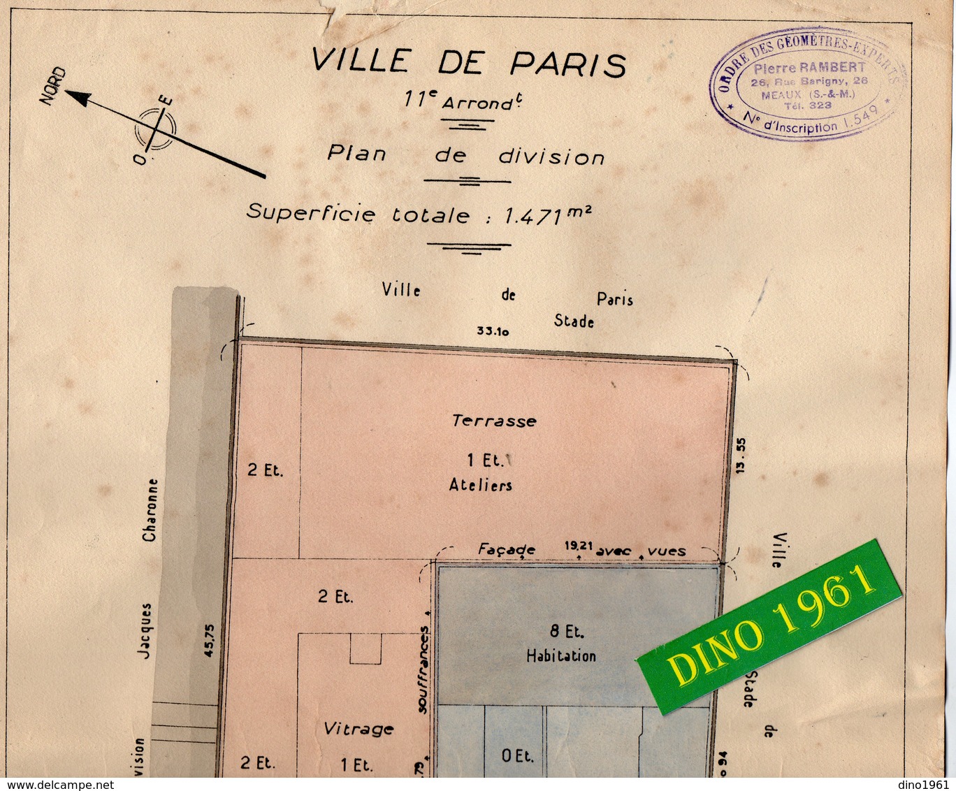 VP 16.829 - Ville De PARIS - Plan 26 X 43 De L'Immeuble Avenue Philippe Auguste - Géomètre Mr Pierre RAMBERT à MEAUX - Arquitectura