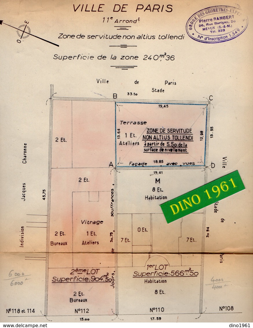 VP 16.830 - Ville De PARIS - Plan 25 X 41 De L'Immeuble Avenue Philippe Auguste - Géomètre Mr Pierre RAMBERT à MEAUX - Architectuur