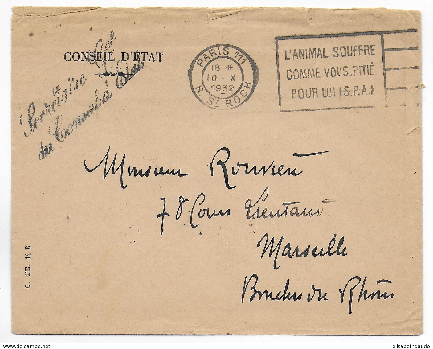 1932 - ENVELOPPE EN FRANCHISE Du SECRETAIRE GENERAL Du CONSEIL D'ETAT => MARSEILLE - Cartas Civiles En Franquicia