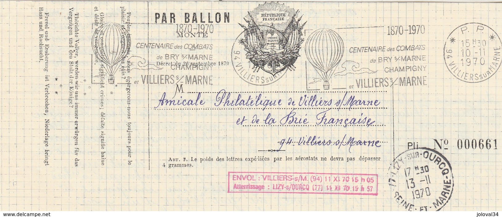 Centenaire Combats Bry Champigny Par Ballon Le Daguerre Cachet Flamme PP Villiers Sur Marne 10/11/1970 - Signatures - Montgolfières