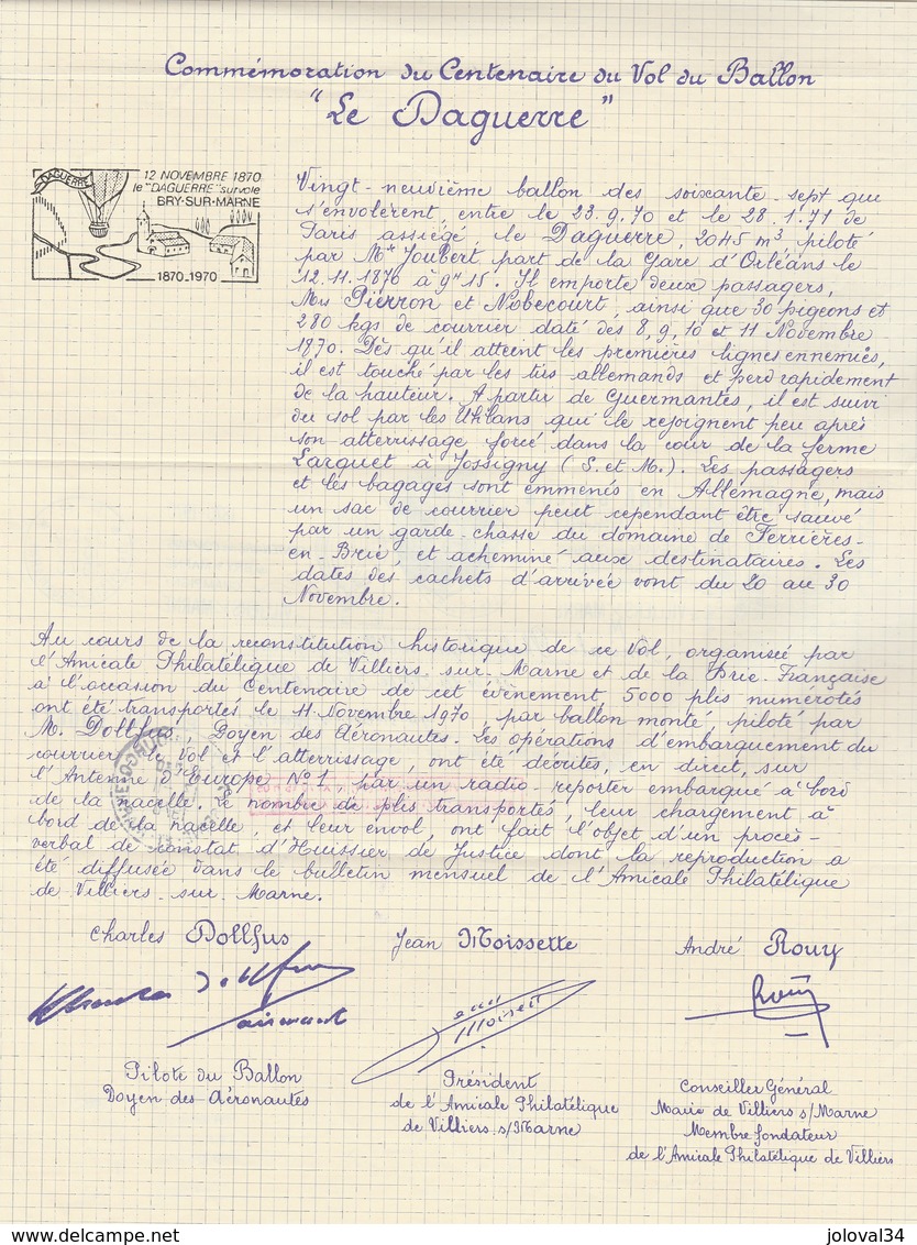 Centenaire Combats Bry Champigny Par Ballon Le Daguerre Cachet Flamme PP Villiers Sur Marne 10/11/1970 - Signatures - Mongolfiere