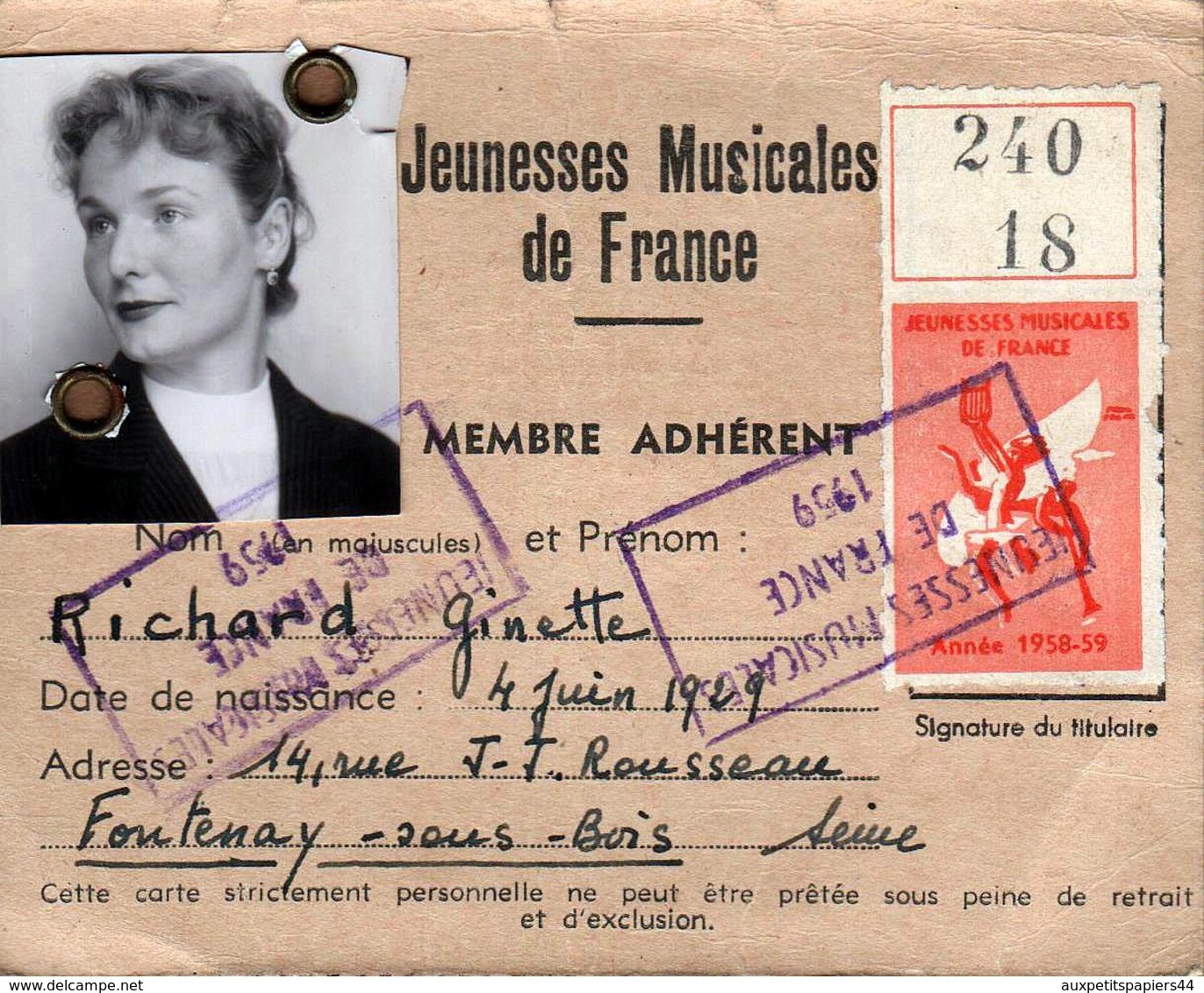 Carte Des Jeunesses Musicales De France - Membre Adhérent Richard Ginette, Fontenay Sous Bois, Vignette 1958/59 - Documenti Storici