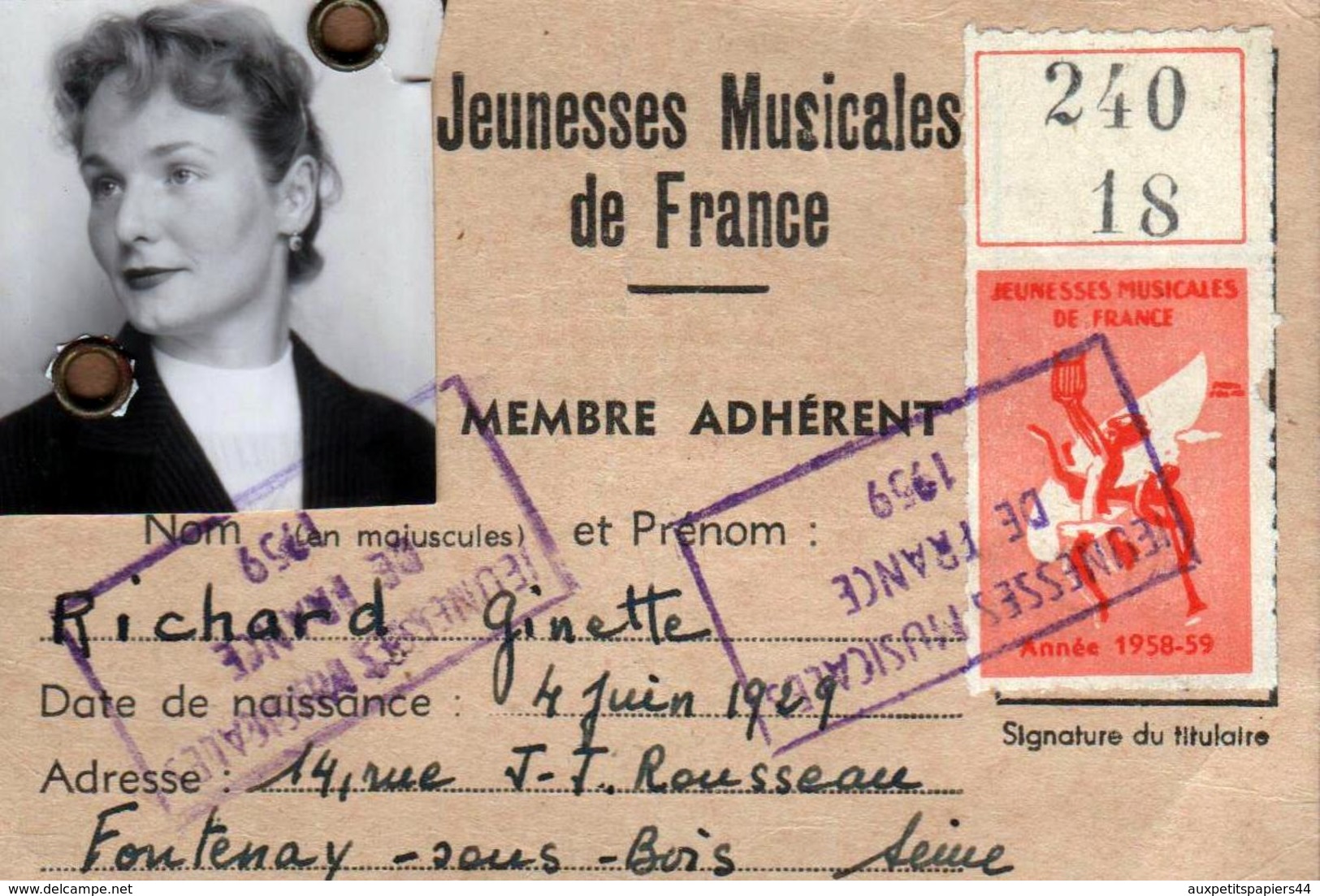 Carte Des Jeunesses Musicales De France - Membre Adhérent Richard Ginette, Fontenay Sous Bois, Vignette 1958/59 - Documents Historiques