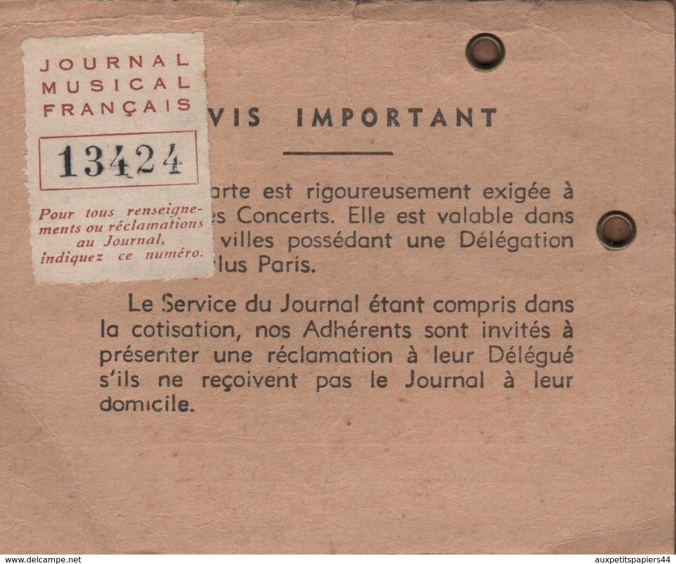 Carte Des Jeunesses Musicales De France - Membre Adhérent Richard Ginette, Fontenay Sous Bois, Vignette 1958/59 - Documents Historiques