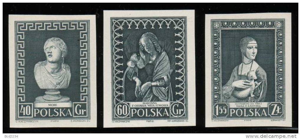 POLAND 1956 MUSEUM CONSERVATION SET OF 3 BLACK PROOFS NHM (NO GUM) ART Statues Madonna Da Vinci Paintings Lady Ermine - Proofs & Reprints