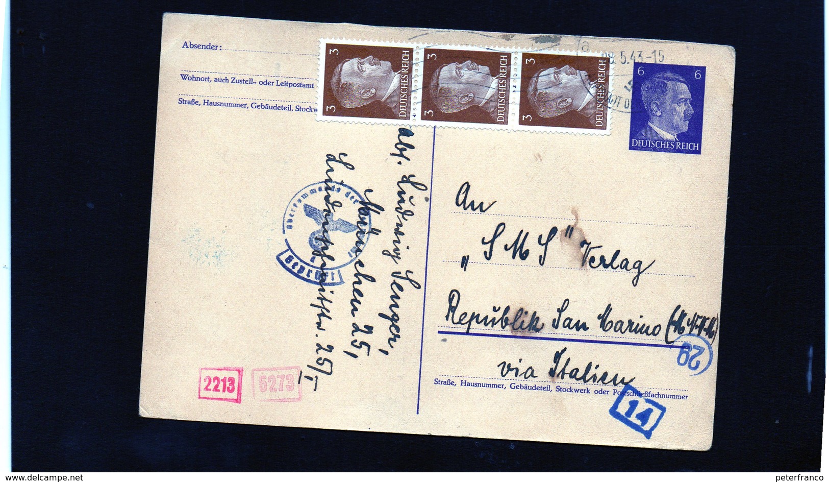 CG6 - Germania - Cartolina Postale Da Munchen 8/5/1943 Per Rep. San Marino - Altri & Non Classificati