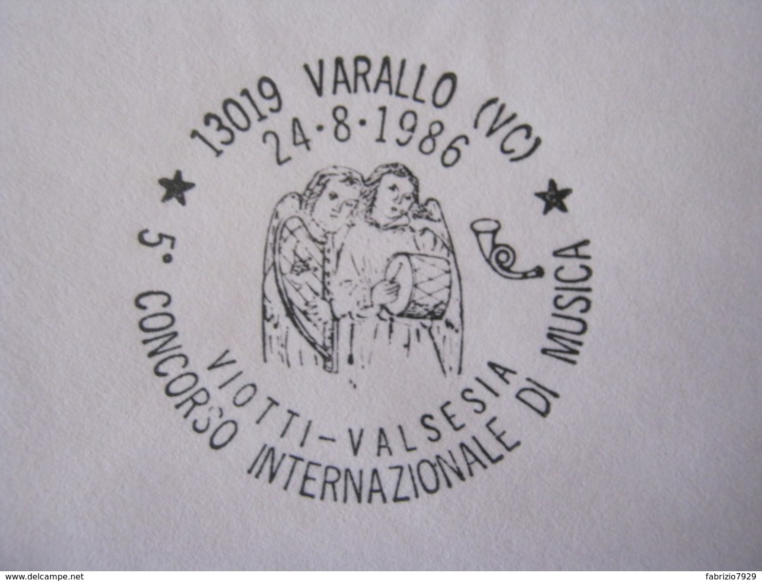 A.12 ITALIA ANNULLO 1986 VARALLO VERCELLI CONCORSO MUSICA VIOTTI VALSESIA ANGELI MUSICANTI ARPA TAMBURO MUSIC BUSTA CORS - Cristianesimo