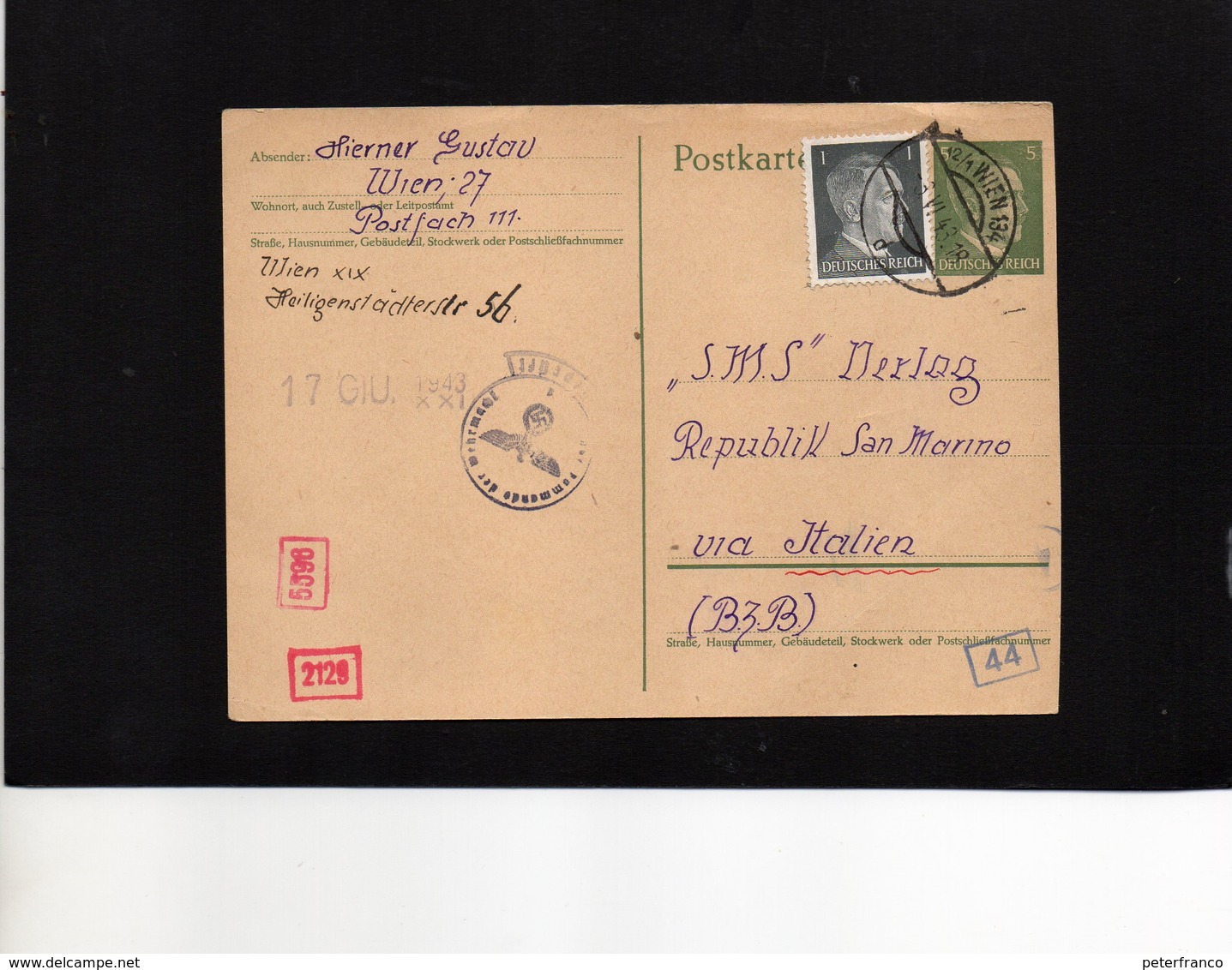 CG6 - Germania - Cartolina Postale Da Wien 8/6/1943 Per Rep. San Marino - Autres & Non Classés