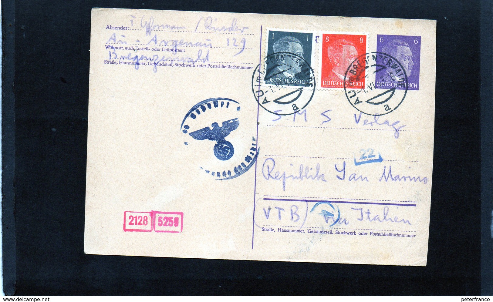 CG6 - Germania - Cartolina Postale Da Bregenzerwalde 1/6/1943 Per Rep. San Marino - Autres & Non Classés