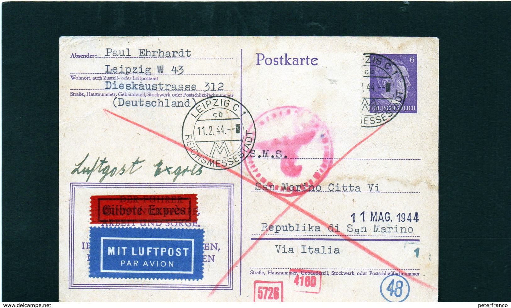 CG6 - Germania - Cartolina Postale Da Leipzig 11/2/1944 Per Rep. San Marino - Autres & Non Classés