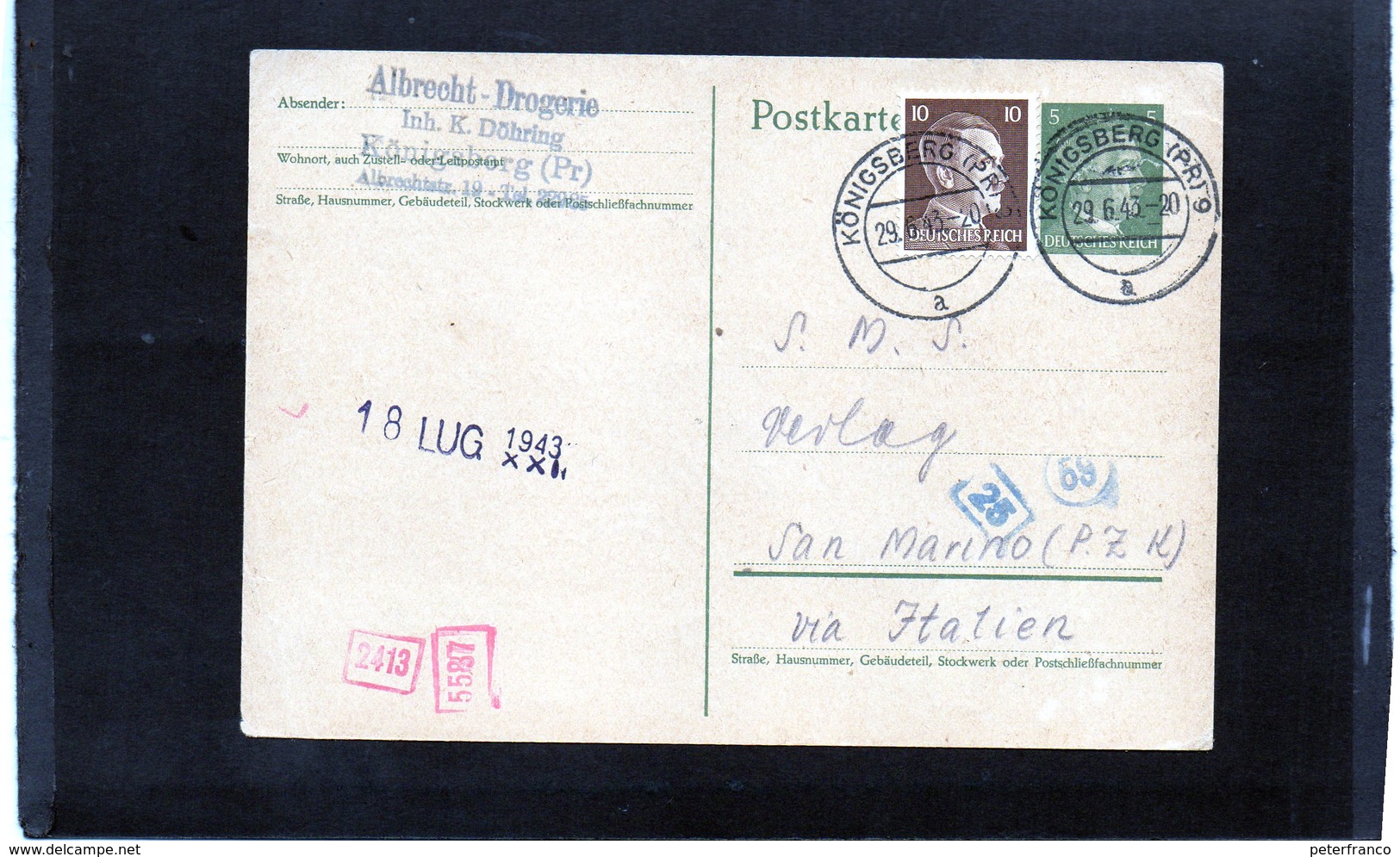 CG6 - Germania - Cartolina Postale Da Konigsberg 29/6/1943 Per Rep. San Marino - Autres & Non Classés