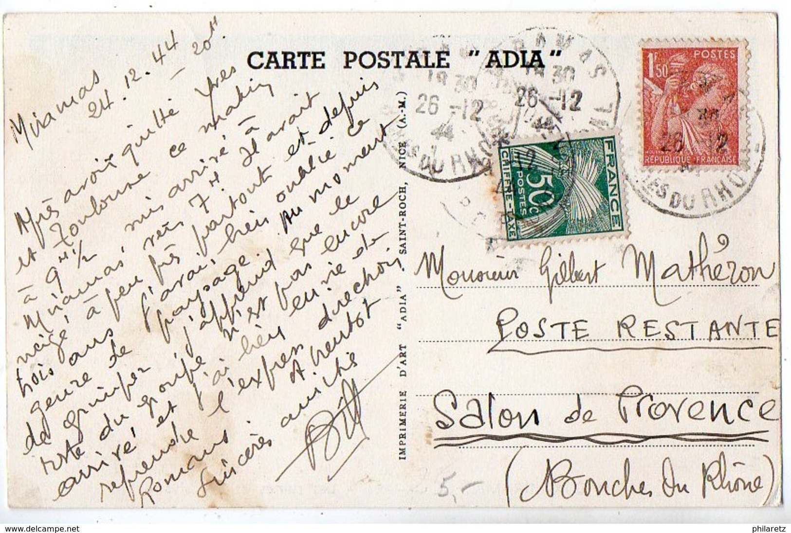 Iris - 1944 - Carte En Poste Restante - Taxe 50c Gerbes Seul - 1859-1959 Storia Postale