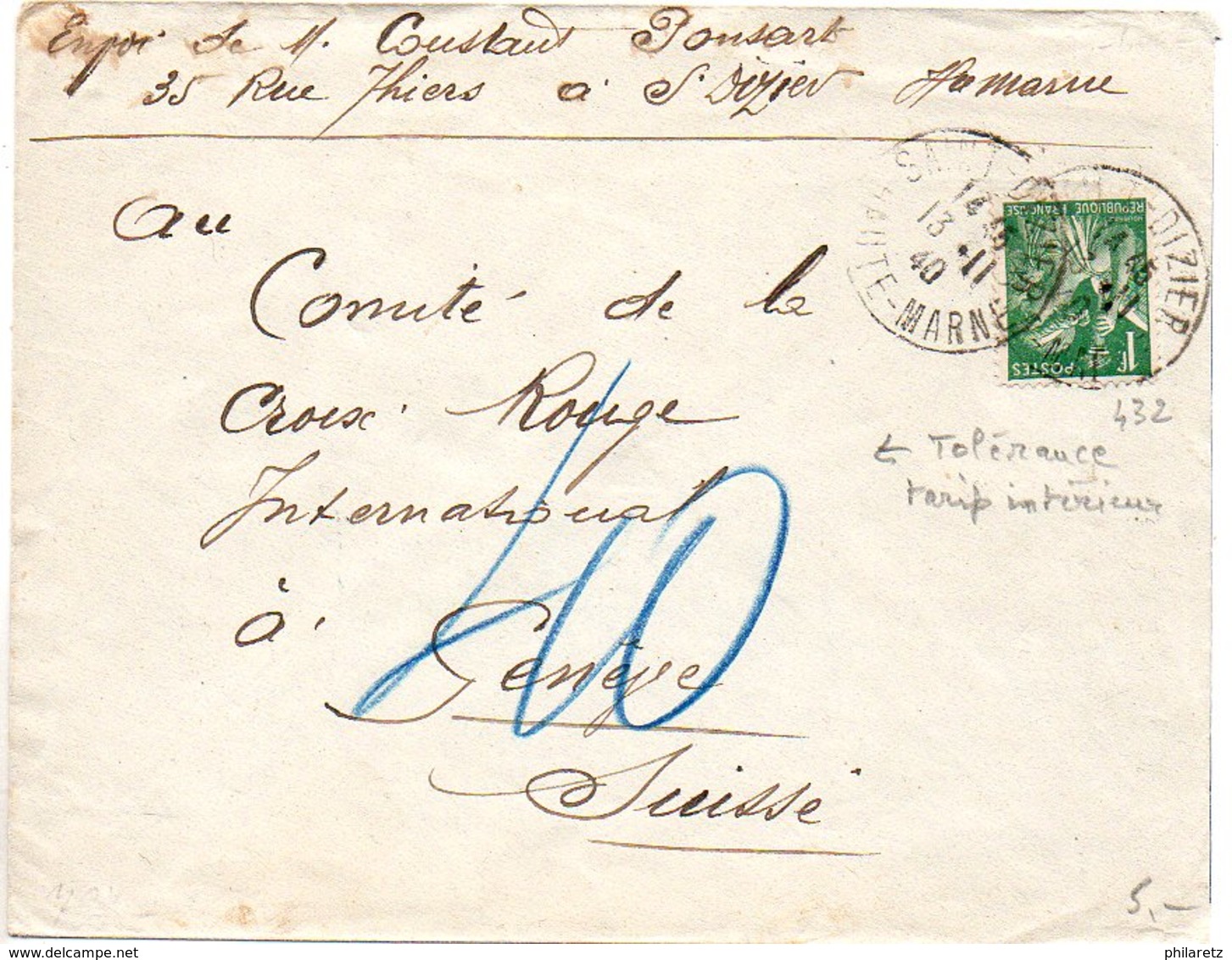 1F Iris (n° 432) Seul Sur Lettre Du 13.11.40 Pour La Croix-Rouge à Genève (Suisse) - Censure Au Verso - 1921-1960: Modern Period