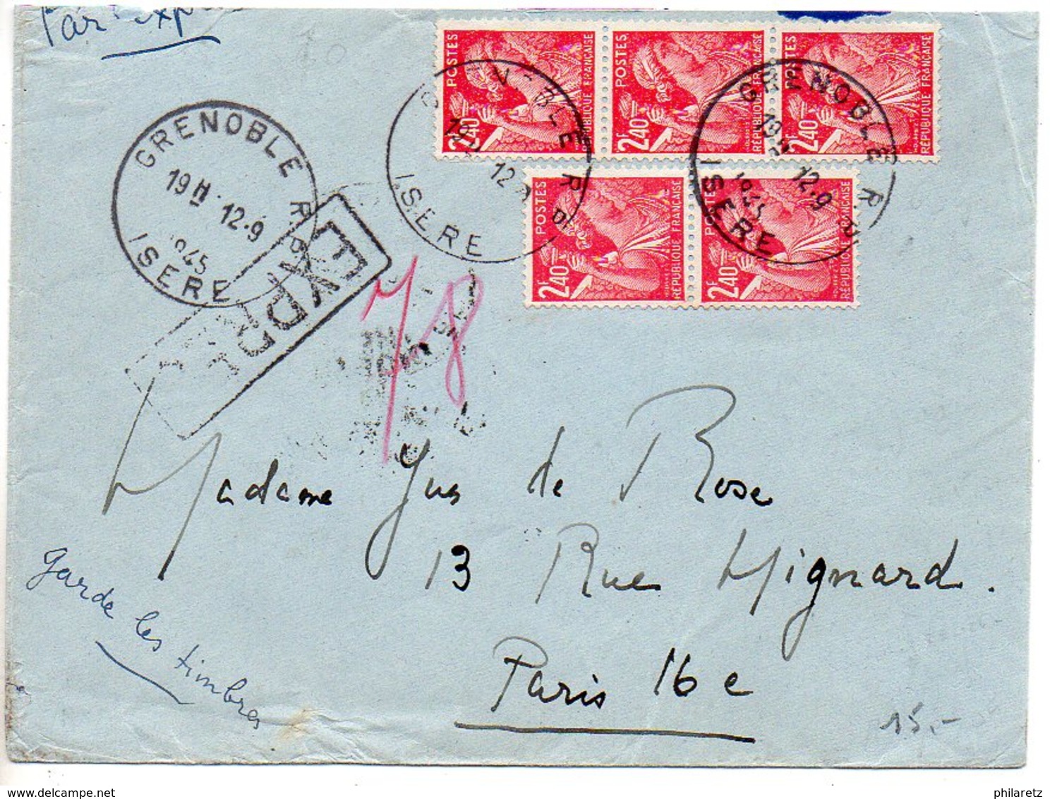 Iris 2f40 X5 Sur Lettre Par Exprès De Grenoble Du 12.9.1945 - Enveloppe Légèrement Retaillée Dans Le Haut - 1921-1960: Periodo Moderno