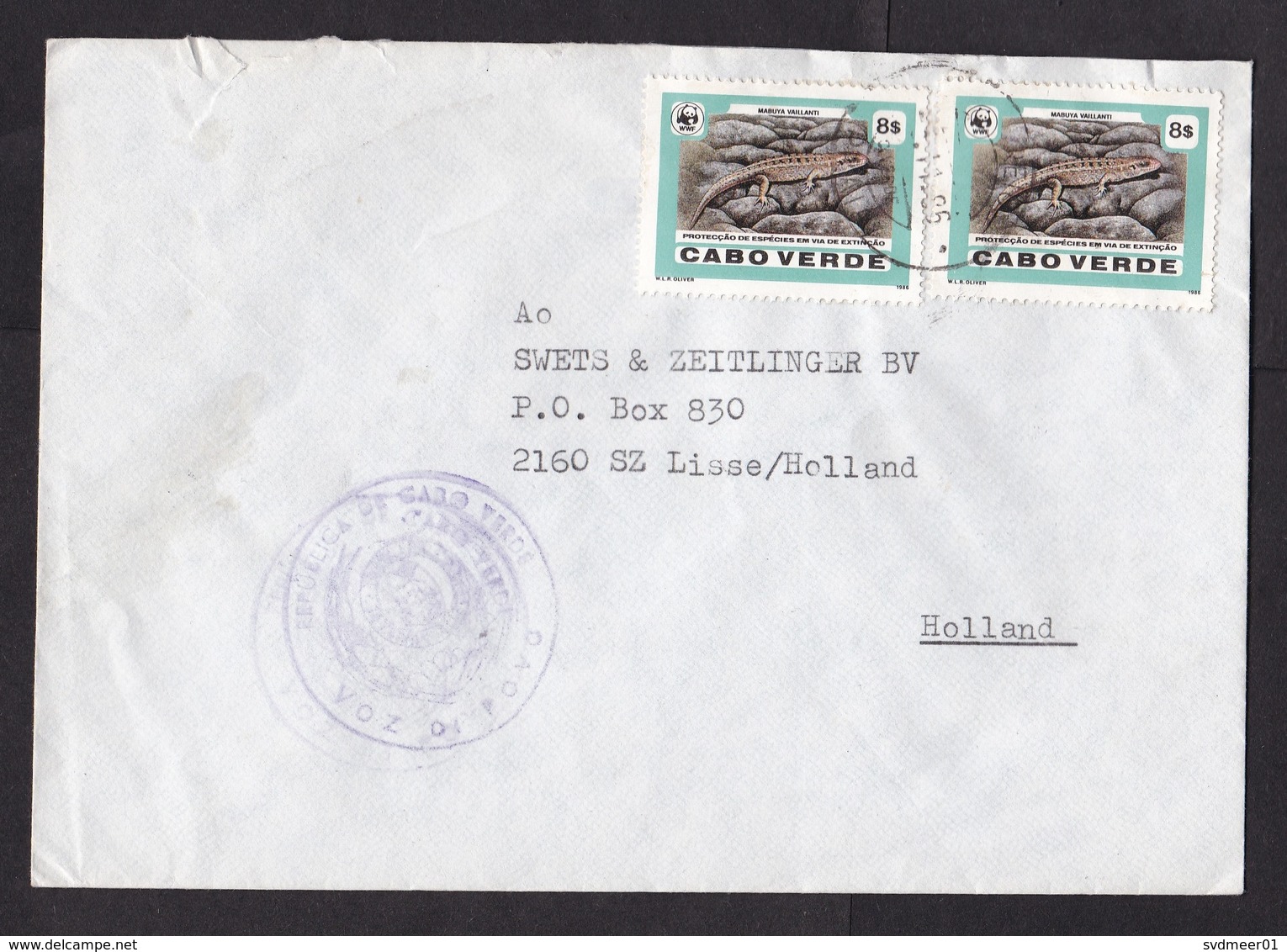 Cabo Verde: Airmail Cover To Netherlands, 1986, 2 Stamps, Lizard, Reptile, WWF Logo, Rare Real Use (minor Damage) - Kap Verde