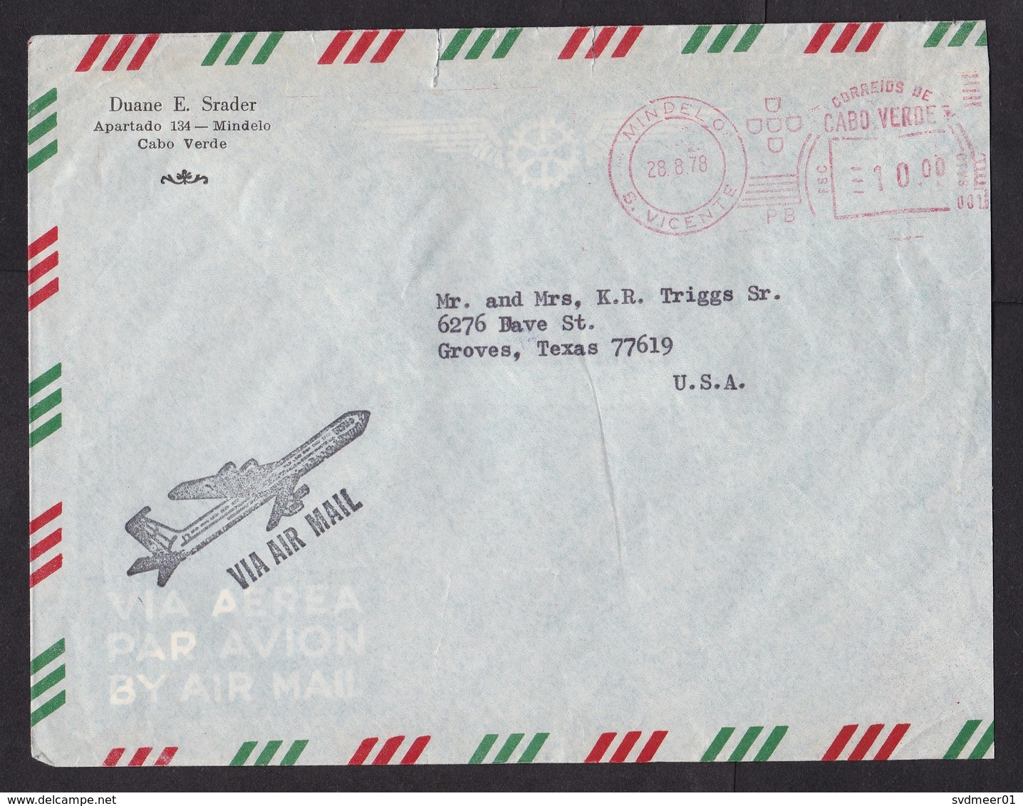 Cabo Verde: Airmail Cover To USA, 1978, Meter Cancel Mindelo S. Vicente (minor Damage) - Islas De Cabo Verde