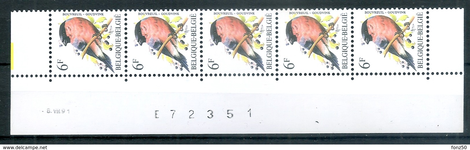 295 * BUZIN Datumstrook * Nr 2295 * 6-8-91 * Postfris Xx * DOF WIT PAPIER - WITTE GOM - 1985-.. Vogels (Buzin)