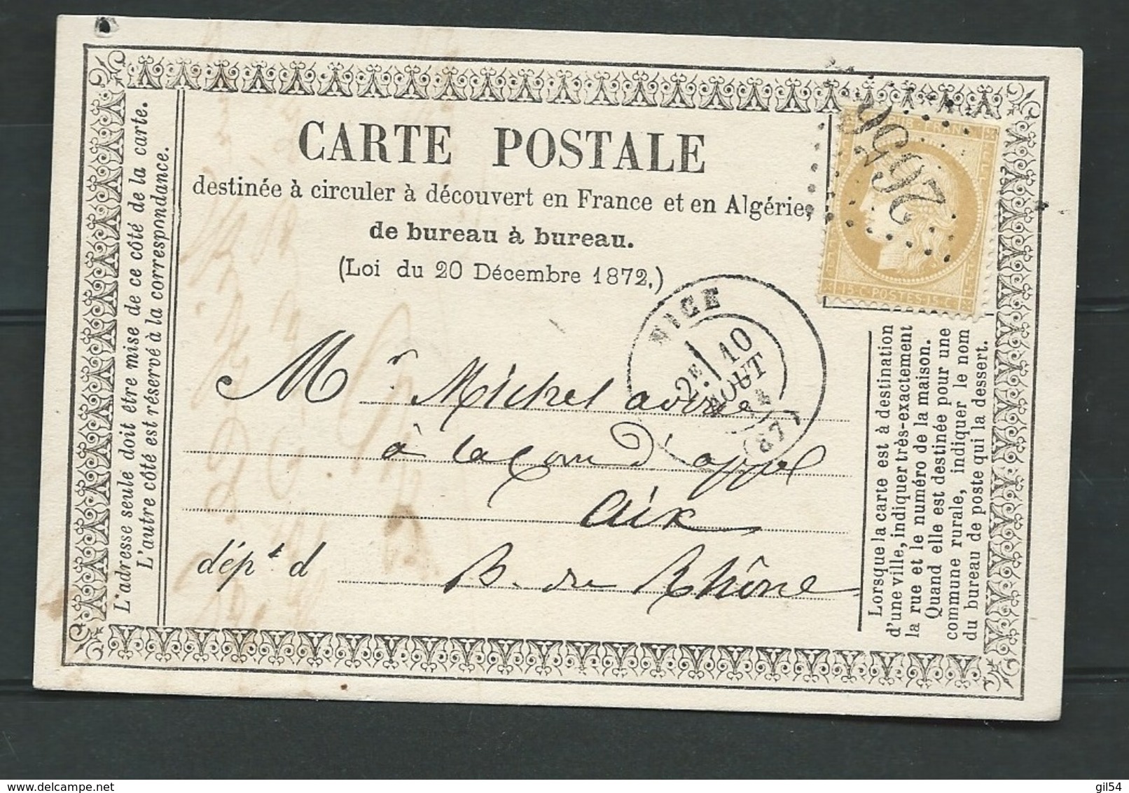 Carte Postale Précurseur Affr. Par Yvert N° 59 Obl. Gc 2656 Nice En Aout 1872  LL17808 - 1871-1875 Cérès