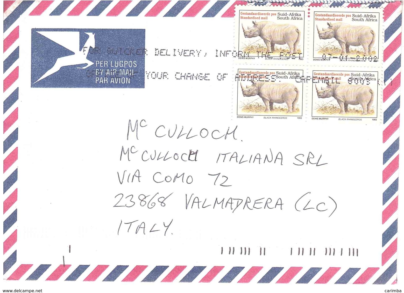 LETTERA X ITALY BY AIR MAIL BLACK RINOCEROS - Covers & Documents