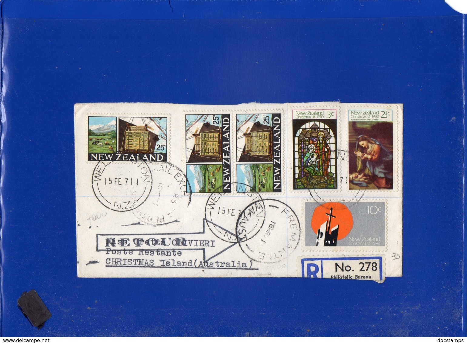 ##(DAN202)-New Zealand 1971- Registered Cover From Wellington To Christmas Island, RTS Retour To Sender  In Italy - Storia Postale