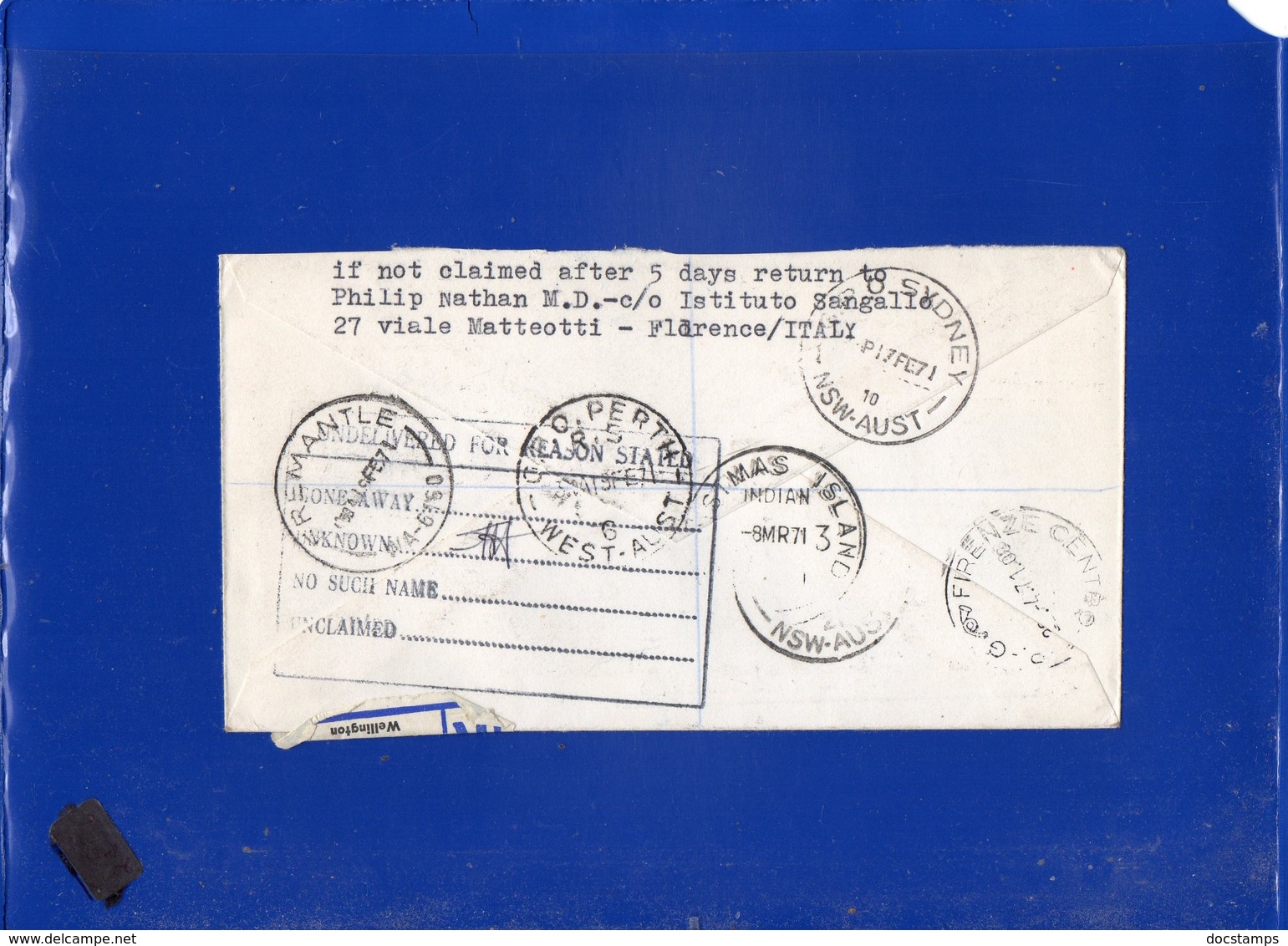 ##(DAN202)-New Zealand 1971- Registered Cover From Wellington To Christmas Island, RTS Retour To Sender  In Italy - Storia Postale